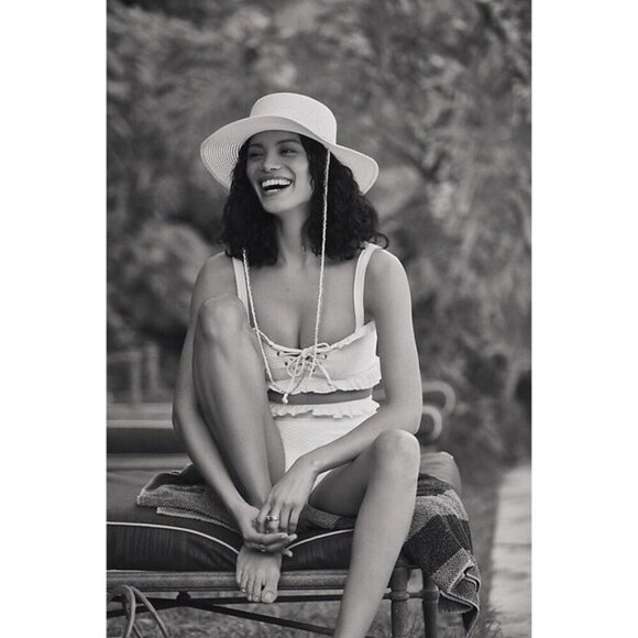 NEW Citrine x Anthropologie Alice Ruffle High Waist Ribbed Bikini Bottom L Black - Picture 10 of 10